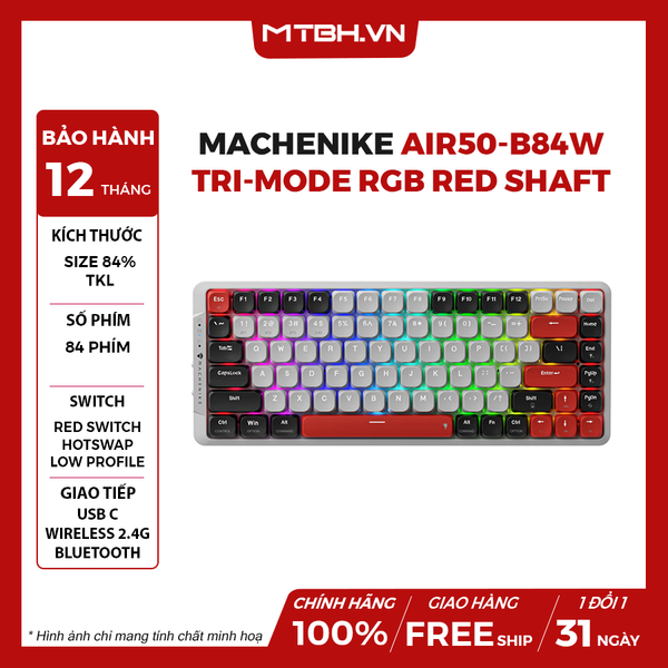 BÀN PHÍM CƠ MACHENIKE AIR50-B84W TRI-MODE RGB RED SHAFT RED SWITCH (CÓ DÂY/2.4G WIRELESS/BLUETOOTH 5.0)