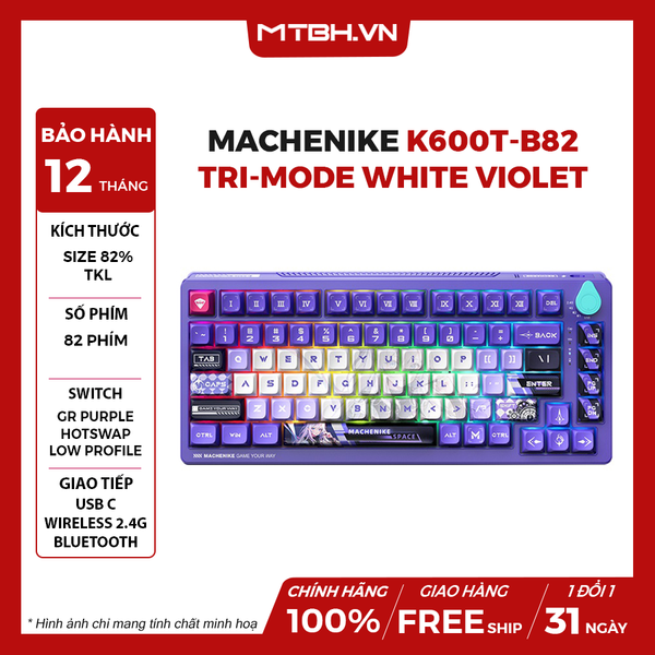 BÀN PHÍM CƠ MACHENIKE K600T-B82 TRI-MODE WHITE VIOLET GR PURPLE SWITCH LED RGB (SHIRASAIKO) (CÓ DÂY/2.4G WIRELESS/BLUETOOTH 5.0)