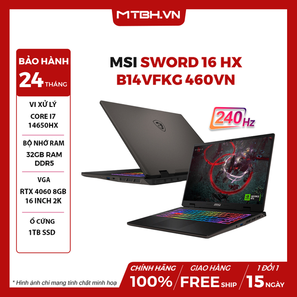LAPTOP MSI SWORD 16 HX B14VFKG-460VN CORE I7-14650HX | RTX 4060 8GB | 16GB RAM | 1TB SSD | 16