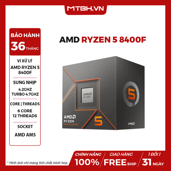 CPU AMD RYZEN 5 8400F (4.2 GHZ UPTO 4.7GHZ / 22MB / 6 CORES, 12 THREADS / 65W / SOCKET AM5)