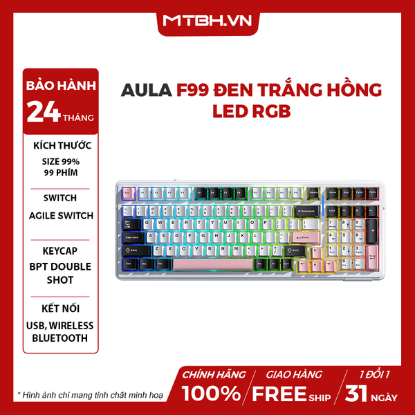 BÀN PHÍM CƠ AULA F99 ĐEN TRẮNG HỒNG (3 MODE TYPEC + 2.4G + BLUETOOTH, GREY WOOD V3 SWITCH, LED RGB)