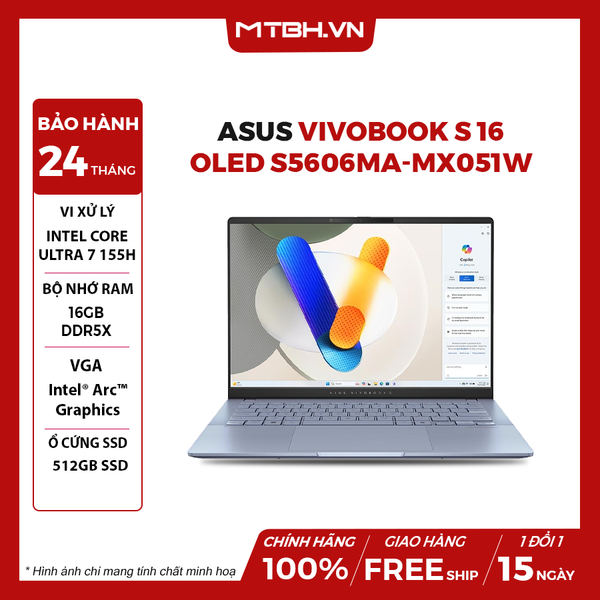 LAPTOP ASUS VIVOBOOK S 16 OLED S5606MA-MX051W CORE ULTRA 7 155H | 16GB RAM | 512GB SSD | Intel Arc Graphics | 16' 3.2K OLED 100% DCI-P3 120Hz | Win 11