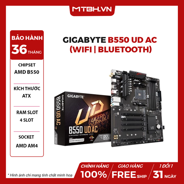 Main Gigabyte B550 UD AC (AMD B550, Socket AM4, ATX, 4 khe RAM DRR4) ( WIFI + BLUETOOTH )