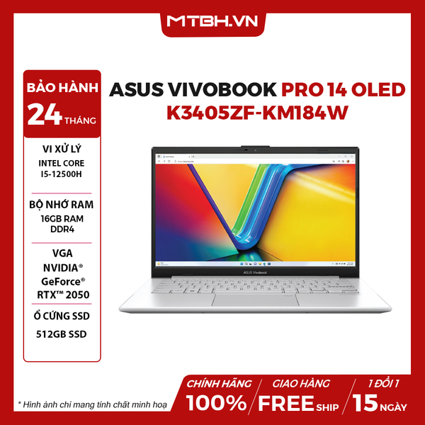 LAPTOP ASUS VIVOBOOK PRO 14 OLED K3405ZF-KM184W CORE I5-12500H | 16GB RAM | 512GB SSD | GeForce RTX 2050 4GB | 14' WQXGA+ OLED 90Hz | Win 11