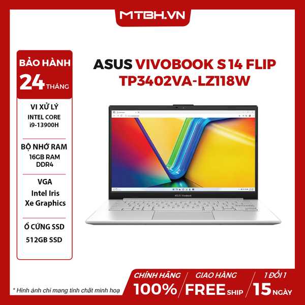 LAPTOP ASUS VIVOBOOK S 14 FLIP TP3402VA-LZ118W CORE i9-13900H | 16GB RAM | 512GB SSD | Intel Iris Xe Graphics | 14' WUXGA Touch | Win 11