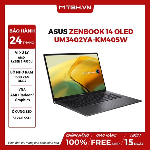 LAPTOP ASUS ZENBOOK 14 OLED UM3402YA-KM405W RYZEN 5-7530U | 16GB RAM | 512GB SSD | AMD Radeon Graphics | 14' 2.8K OLED | Win 11