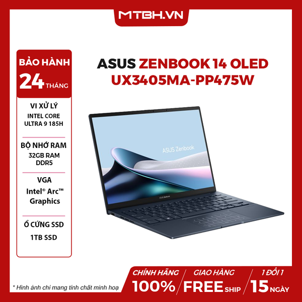 LAPTOP ASUS ZENBOOK 14 OLED UX3405MA-PP475W Intel Core Ultra 9 185H | 32GB RAM | 1TB SSD | Intel Arc Graphics | 14' WQXGA+ OLED 100% DCI-P3 | Win 11
