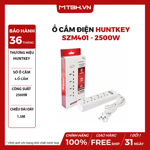 Ổ CẮM ĐIỆN HUNTKEY SZM401 - CẦU CHÍ CHỐNG QUÁ TẢI | 2500W | DÂY DÀI 1,5M | 4 Ổ CẮM
