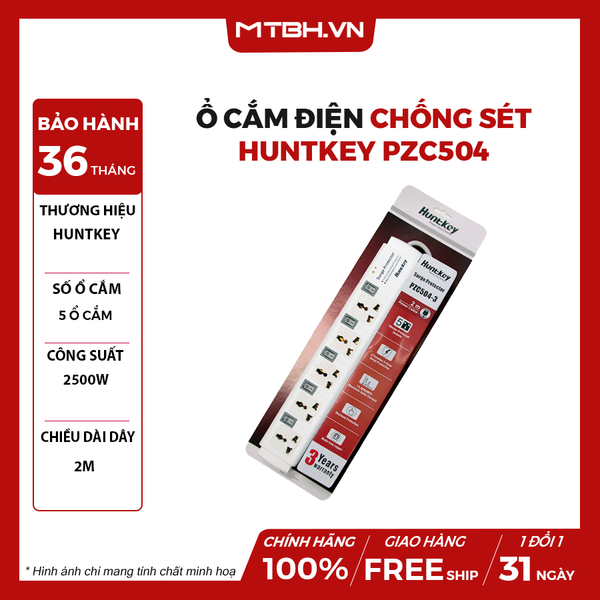 Ổ CẮM ĐIỆN CHỐNG SÉT HUNTKEY PZC504 - DÂY DÀI 2M | 2500W | 5 Ổ CẮM CÔNG TẮC