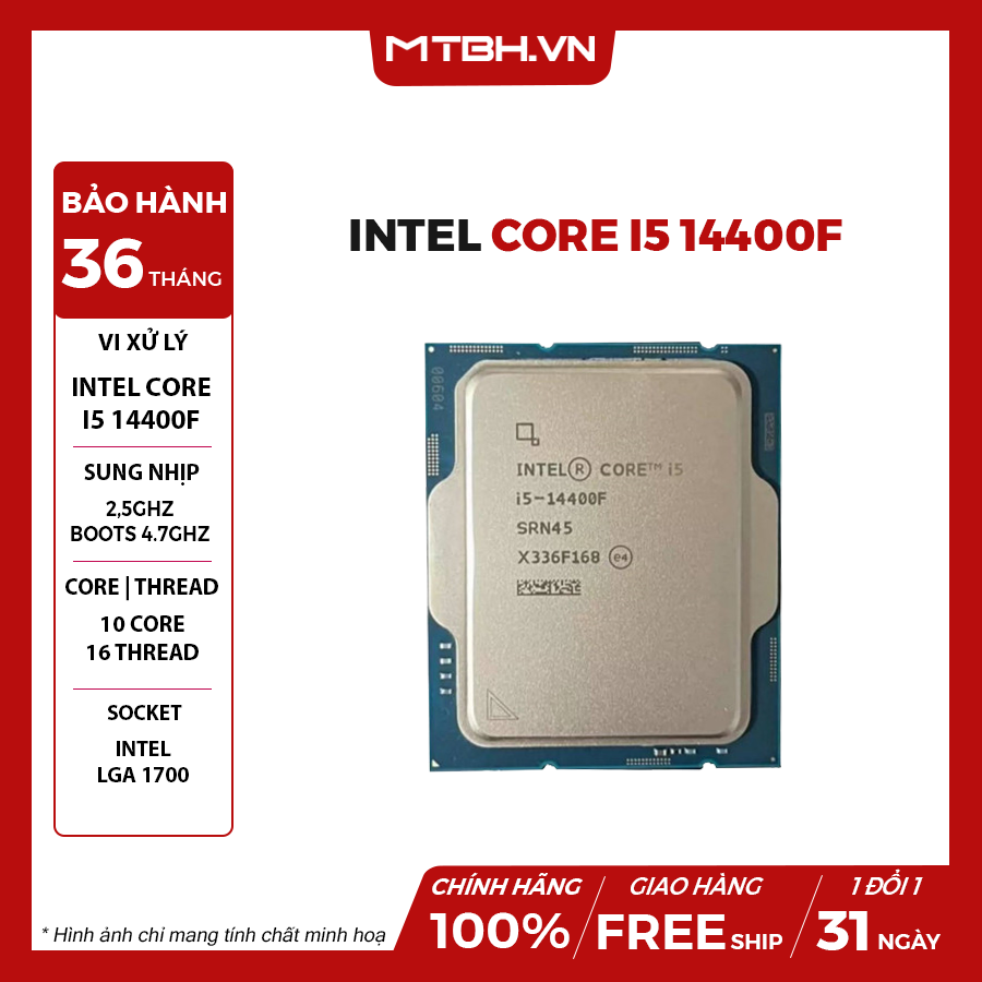 CPU INTEL CORE I5 14400F (UP TO 10 NHÂN 16 LUỒNG, 20MB CACHE, 65W)  TRAY GEN 14