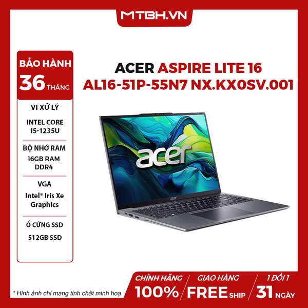 LAPTOP ACER ASPIRE LITE 16 AL16-51P-55N7 NX.KX0SV.001 CORE i5-1235U | 16GB RAM | 512GB SSD | 16