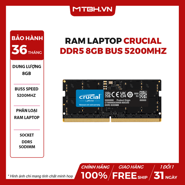 RAM LAPTOP CRUCIAL DDR5 8GB BUS 5200Mhz