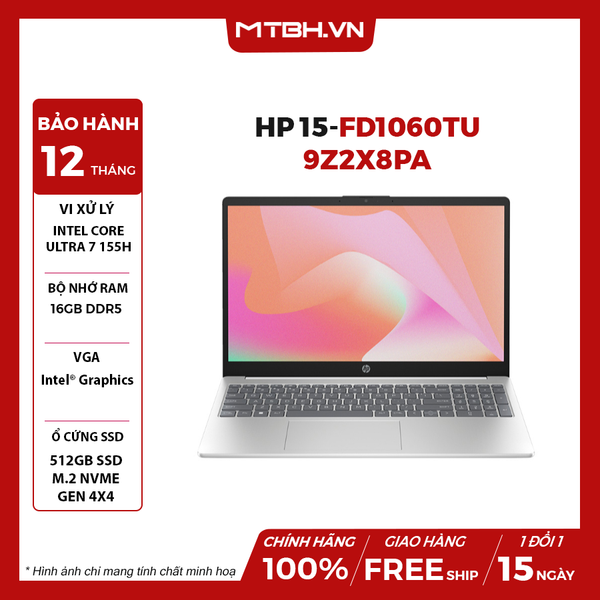 LAPTOP HP 15-fd1060TU 9Z2X8PA Ultra 7-155H | 16GB RAM | 512GB SSD | Intel Arc Graphics | 15.6' FHD | Win 11