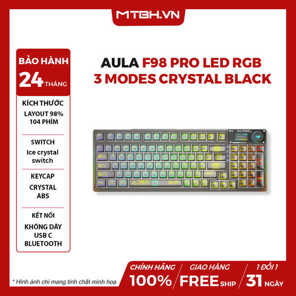 Bàn Phím Cơ AULA F98 PRO LED RGB 3 Modes,Màn Hình Phụ, Núm Xoay, Hotswap , Keycap Trong Suốt Black