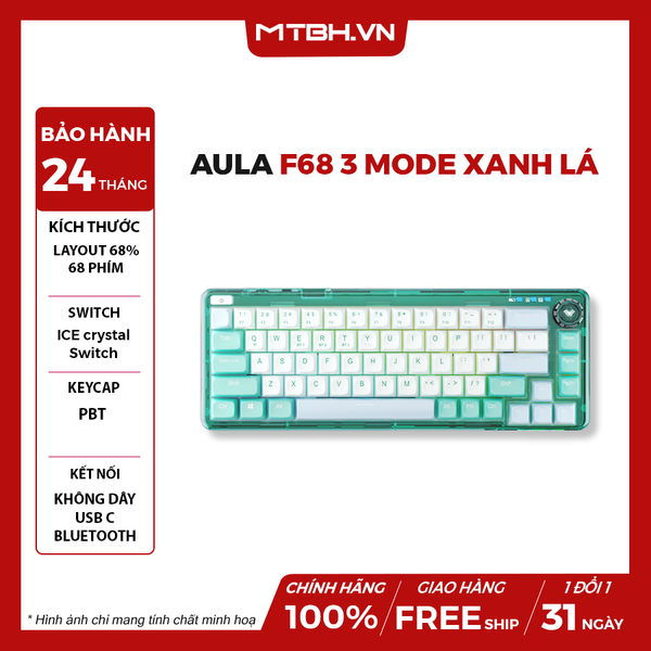 BÀN PHÍM CƠ AULA F68 3 MODE XANH LÁ (TYPEC + 2.4G + BLUETOOTH, ICE CRYSTAL SWITCH, LED RGB)
