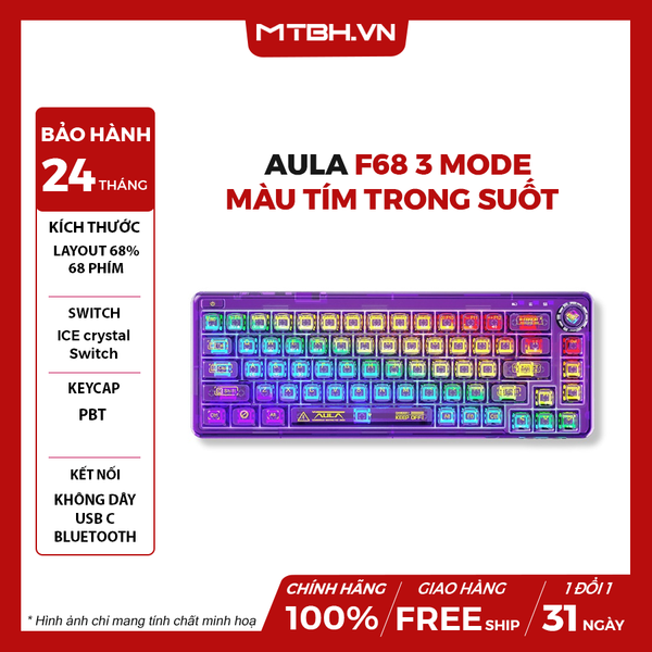 BÀN PHÍM CƠ AULA F68 3 MODE TÍM (TYPEC + 2.4G + BLUETOOTH, ICE CRYSTAL SWITCH, LED RGB)