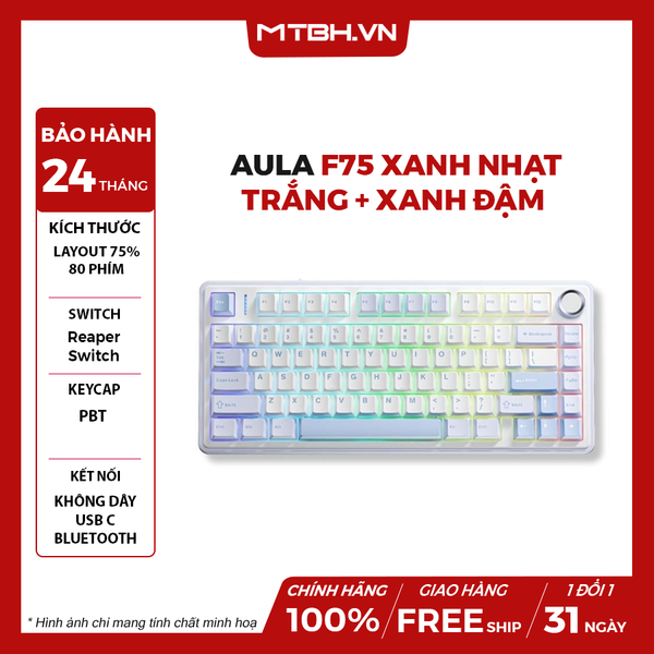 BÀN PHÍM CƠ AULA F75 XANH NHẠT + TRẮNG + XANH ĐẬM (KẾT NỐI TYPEC + 2.4G + BLUETOOTH, REAPER V3 SWITCH)