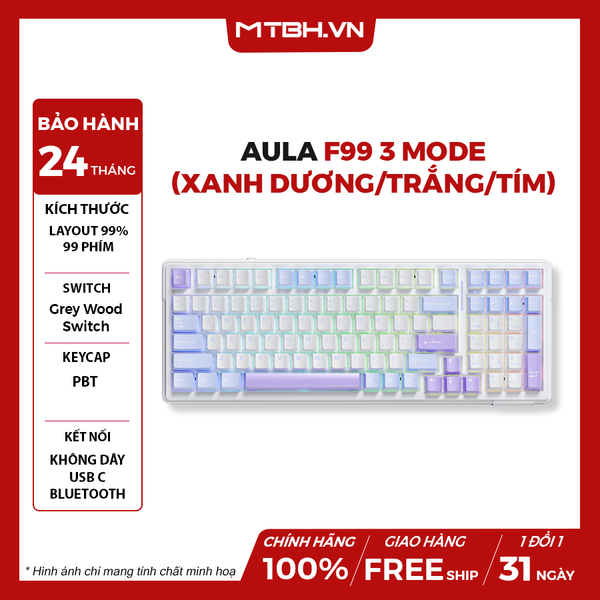 BÀN PHÍM CƠ AULA F99 3 MODE (XANH DƯƠNG/TRẮNG/TÍM), (TYPEC + 2.4G + BLUETOOTH, GREY WOOD SWITCH, LED RGB)