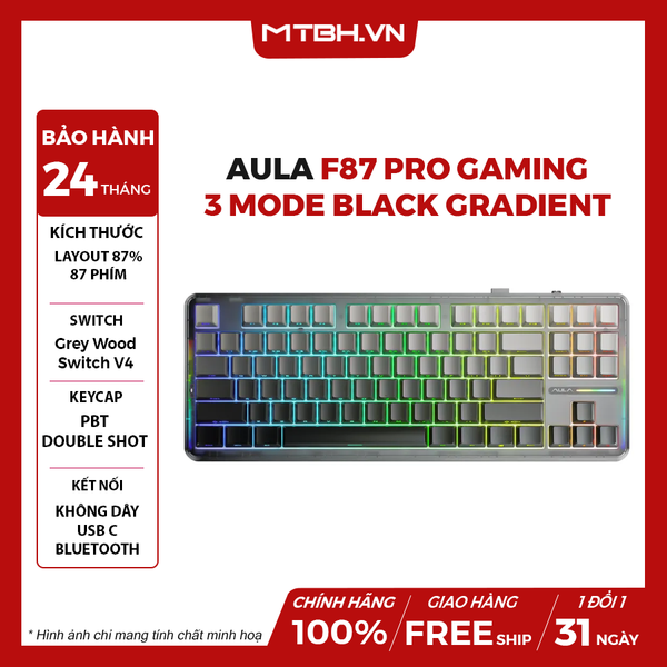 BÀN PHÍM CƠ AULA F87 PRO GAMING 3 MODE (Black Gradient/ Grey wood V4 switch)