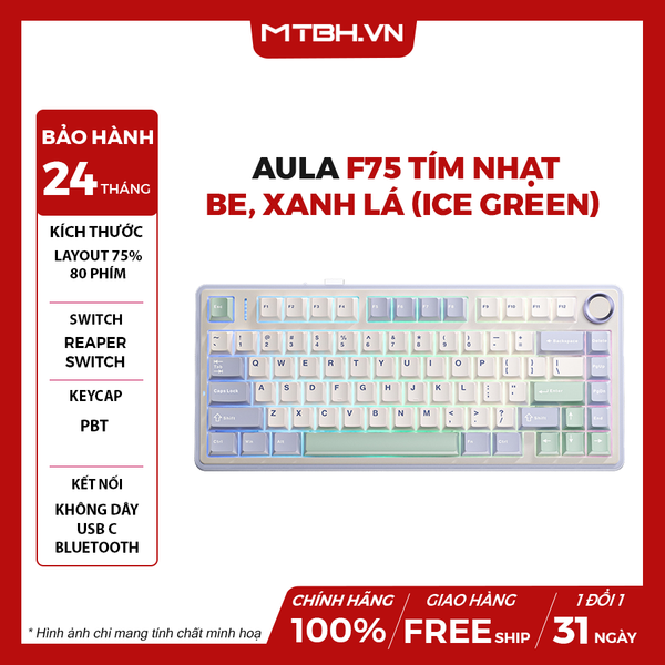 BÀN PHÍM CƠ AULA F75 TÍM NHẠT + BE + XANH LÁ (ICE GREEN) (KẾT NỐI TYPEC + 2.4G + BLUETOOTH, REAPER SWITCH)