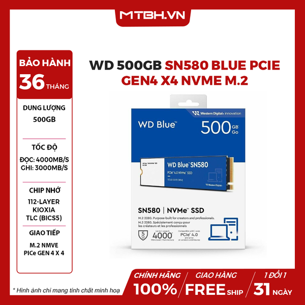 SSD WD 500GB SN580 Blue PCIe Gen4 x4 NVMe M.2 WDS500G3B0E (Đọc 4000 MB/s)
