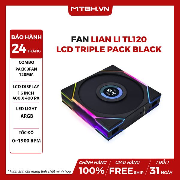 Fan Lian Li TL120 LCD Triple Pack Black (3 Fan/ Màn Hình LCD/ Đảo Chiều)
