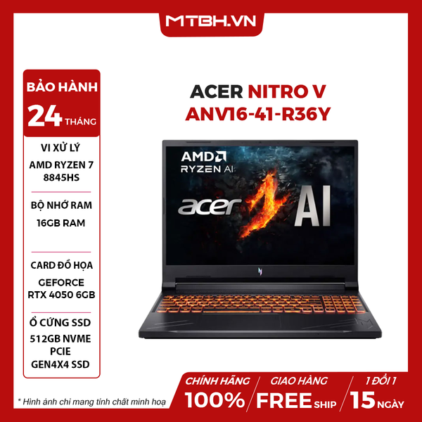 LAPTOP GAMING ACER NITRO V ANV16-41-R36Y R7-8845HS | RTX 4050 6GB | 16GB RAM | 512GB SSD | 16