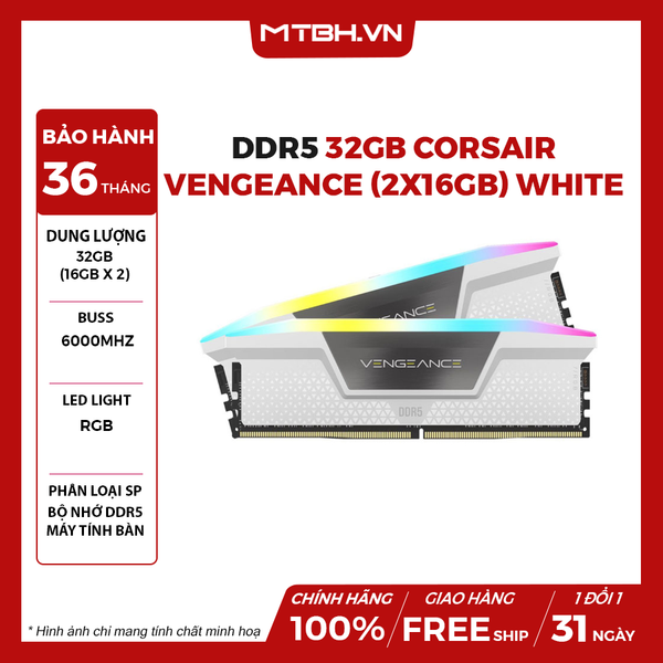 Ram DDR5 32GB Corsair Vengeance (2x16GB) 6000Mhz White (CMH32GX5M2E6000C36W)