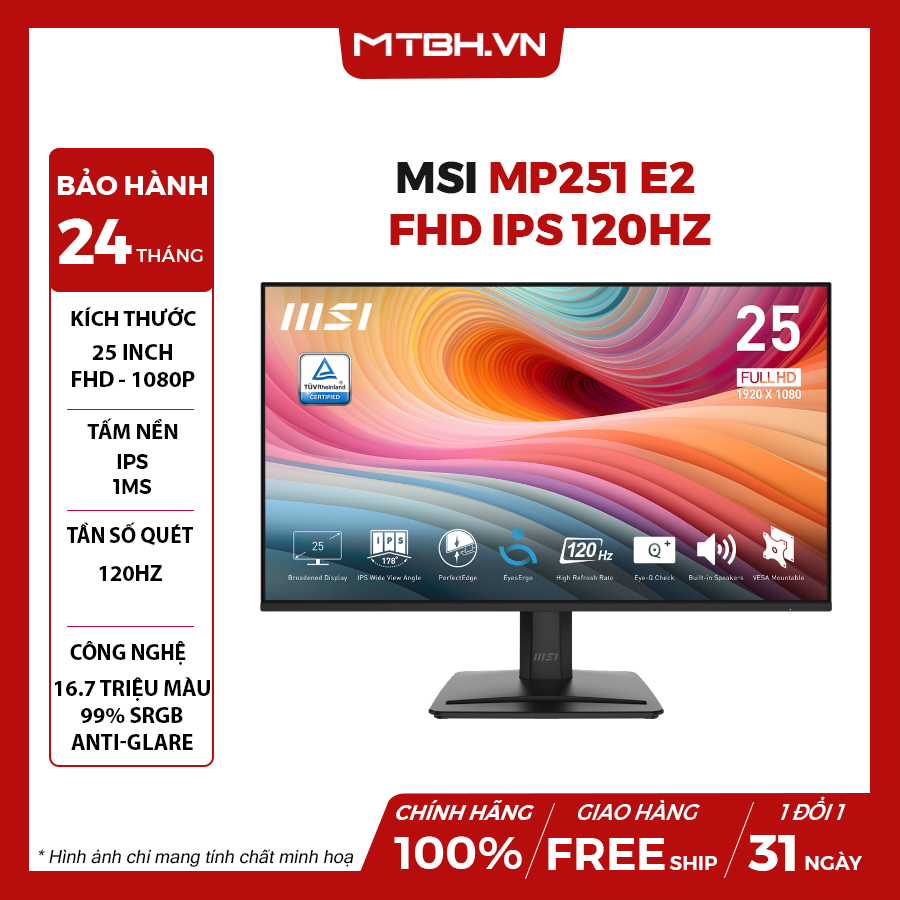 MÀN HÌNH LCD MSI MP251 E2 24.5" FHD IPS 120HZ 1MS 99% sRGB VGA+HDMI+DP ...