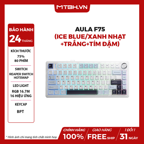 Bàn Phím Cơ AULA F75 (Ice blue/Xanh Nhạt+Trắng+Tím Đậm/ Reaper switch)