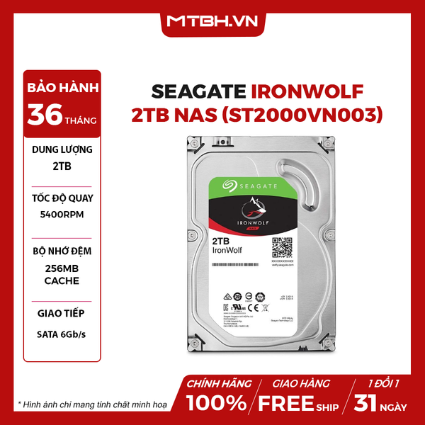 Ổ CỨNG SEAGATE IRONWOLF 2TB NAS SATA 3 5400RPM 256MB CACHE ST2000VN003