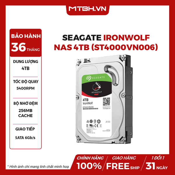 Ổ CỨNG SEAGATE IRONWOLF 4TB NAS SATA 3 5400RPM 256MB CACHE ST4000VN006