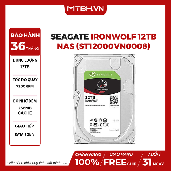 Ổ CỨNG SEAGATE IRONWOLF 12TB NAS SATA 3 7200RPM 256MB CACHE ST12000VN0008