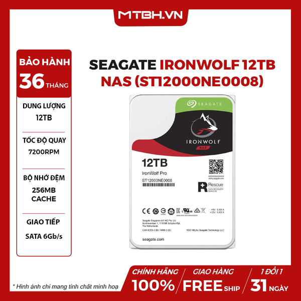 Ổ CỨNG SEAGATE IRONWOLF PRO 12TB NAS SATA 3 7200RPM 256MB CACHE ST12000NE0008