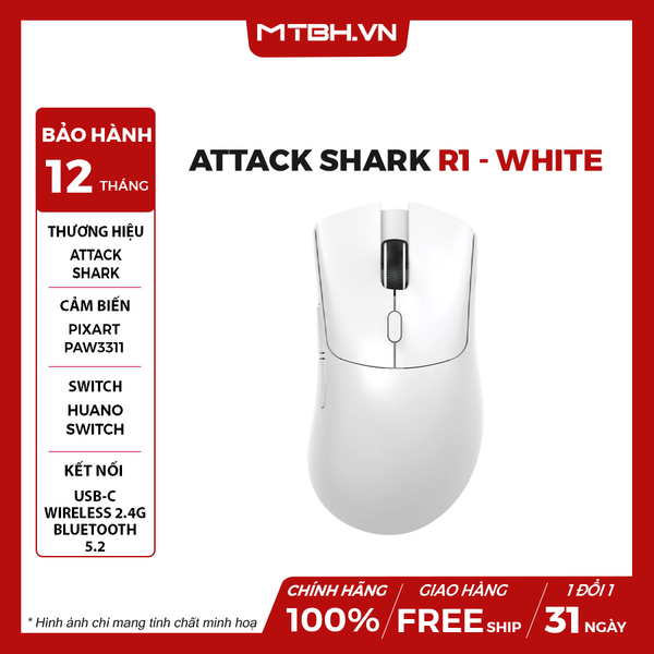 CHUỘT GAMING KHÔNG DÂY ATTACK SHARK R1 - TRẮNG / Pixart 3311 / BLUETOOTH / WIRELESS 2.4G / Type-C | SIÊU NHẸ 59G