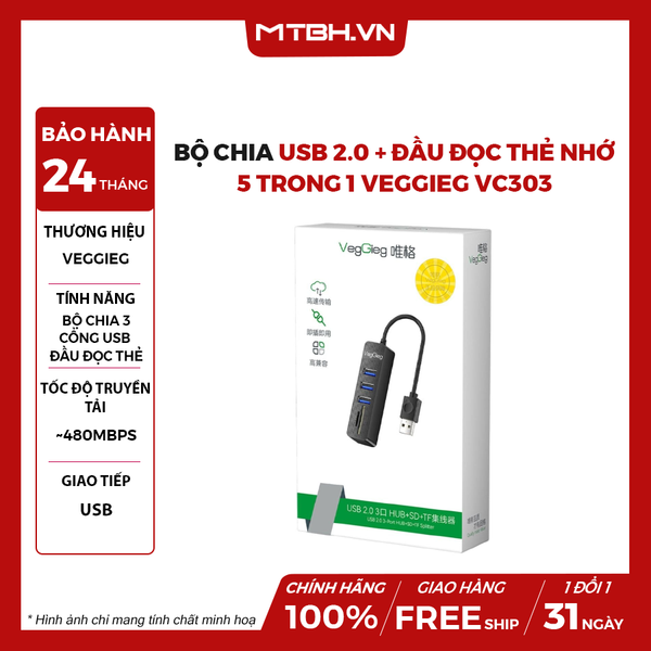 Bộ chia USB 2.0 + đầu đọc thẻ nhớ 5 trong 1 VEGGIEG VC303