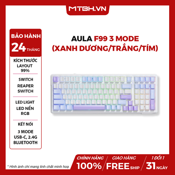 BÀN PHÍM CƠ AULA F99 3 MODE (XANH DƯƠNG/TRẮNG/TÍM), (TYPEC + 2.4G + BLUETOOTH, REAPER SWITCH, LED RGB)