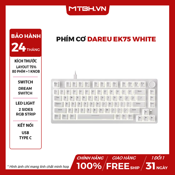 Bàn Phím Cơ DareU EK75 White | 2 sides RGB strip, Type-C, Dream (Linear) Switch