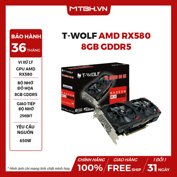VGA T-WOLF RX 580 8GB GDDR5 256bit BH 36 THÁNG
