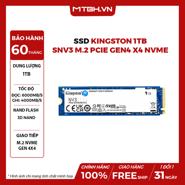 SSD Kingston 1TB SNV3 M.2 PCIe Gen4 x4 NVMe (Đọc: 6000Mb/s)