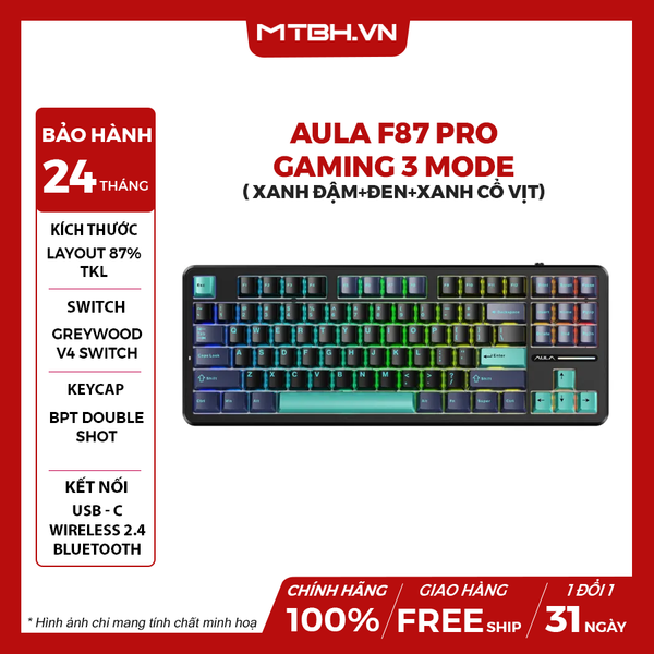 BÀN PHÍM CƠ AULA F87 PRO GAMING 3 MODE ( Xanh đậm+đen+xanh cổ vịt/ Greywood V4 switch)
