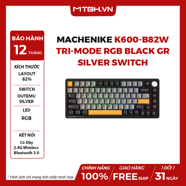Bàn Phím Cơ Machenike K600-B82W Tri-mode RGB Black GR Silver Switch