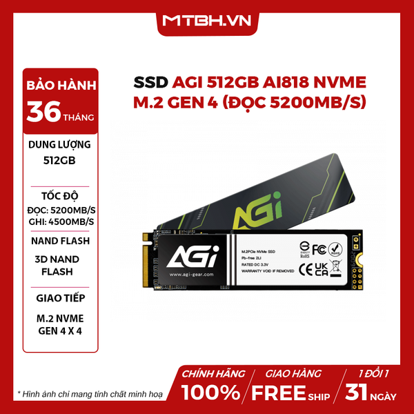 SSD AGI 512GB AI818 NVME M.2 GEN 4 (ĐỌC 5200MB/s)