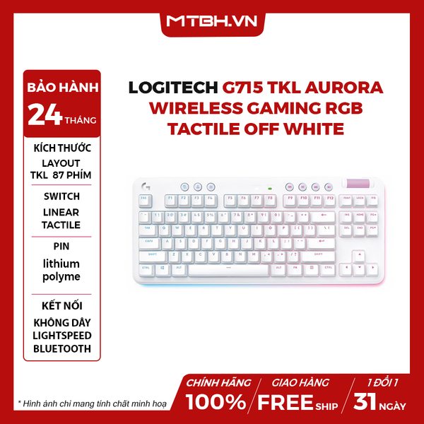 Bàn Phím Cơ Logitech G715 TKL Aurora Wireless Gaming RGB TACTILE OFF WHITE
