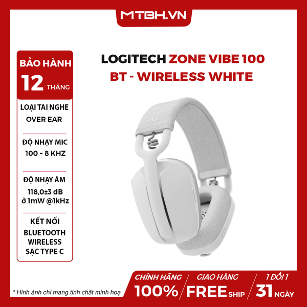 Tai Nghe Logitech Zone Vibe 100 Bluetooth Wireless White