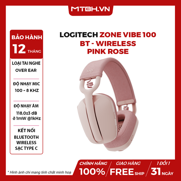 Tai Nghe Logitech Zone Vibe 100 Bluetooth Wireless Pink Rose