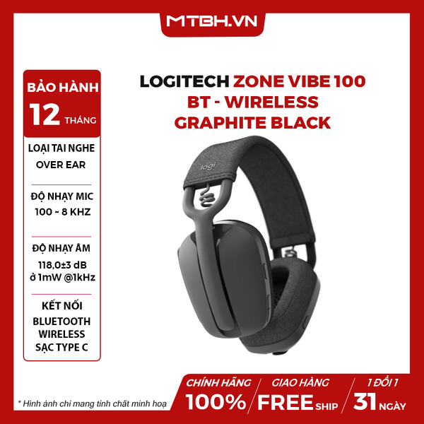 Tai Nghe Logitech Zone Vibe 100 Bluetooth Wireless Graphite Black