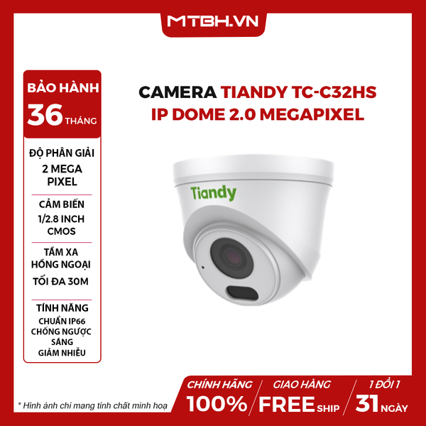 Camera TIANDY TC-C32HS IP Dome Hồng Ngoại 2.0 Megapixel (I3/E/Y/C/SD/2.8mm/V4.2)
