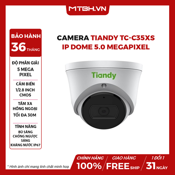 Camera TIANDY TC-C35XS IP Dome Hồng Ngoại 5.0 Megapixel (I3W/E/Y/S/2.8mm/V5.0)