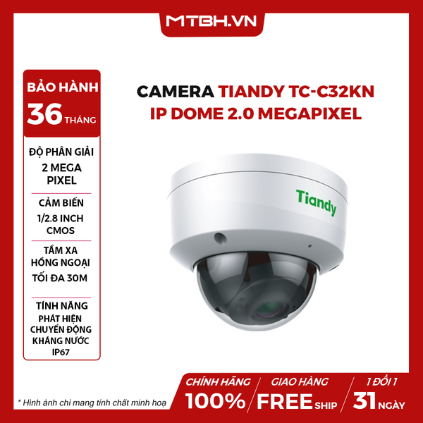 Camera TIANDY TC-C32KN IP Dome Hồng Ngoại 2.0 Megapixel (I3/E/Y/C/SD/2.8mm/V4.3)